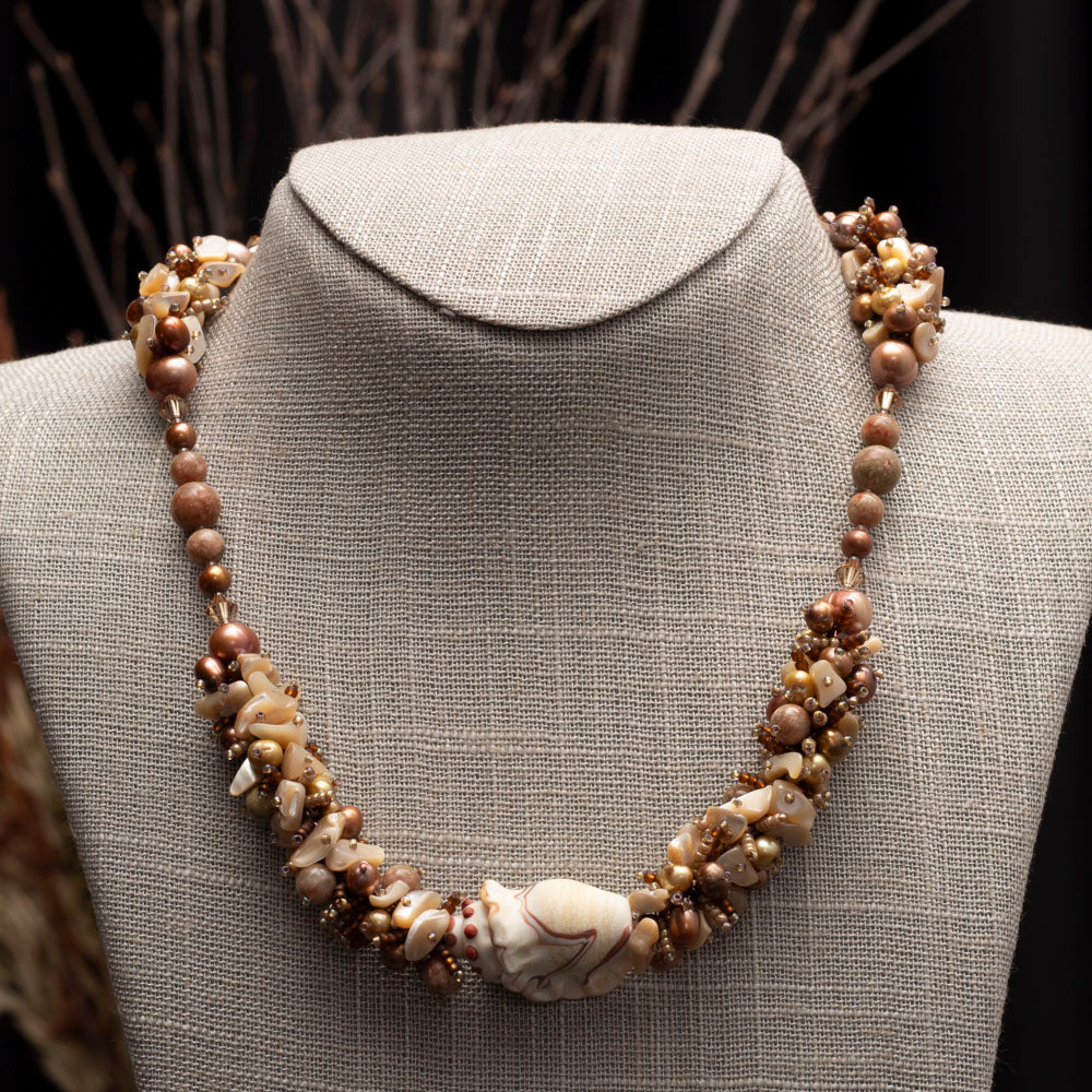 evening shell necklace with lampwork, jasper and pearls