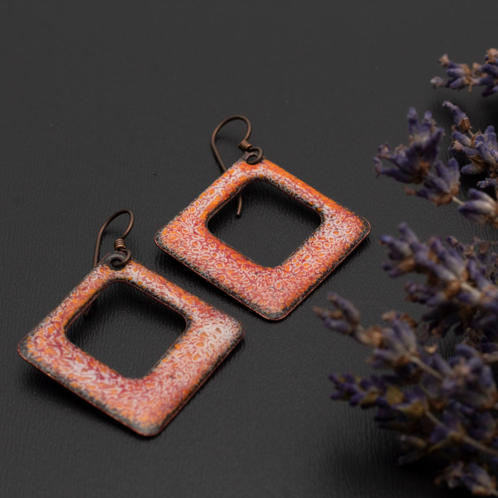 Orange Square Enamel Earrings