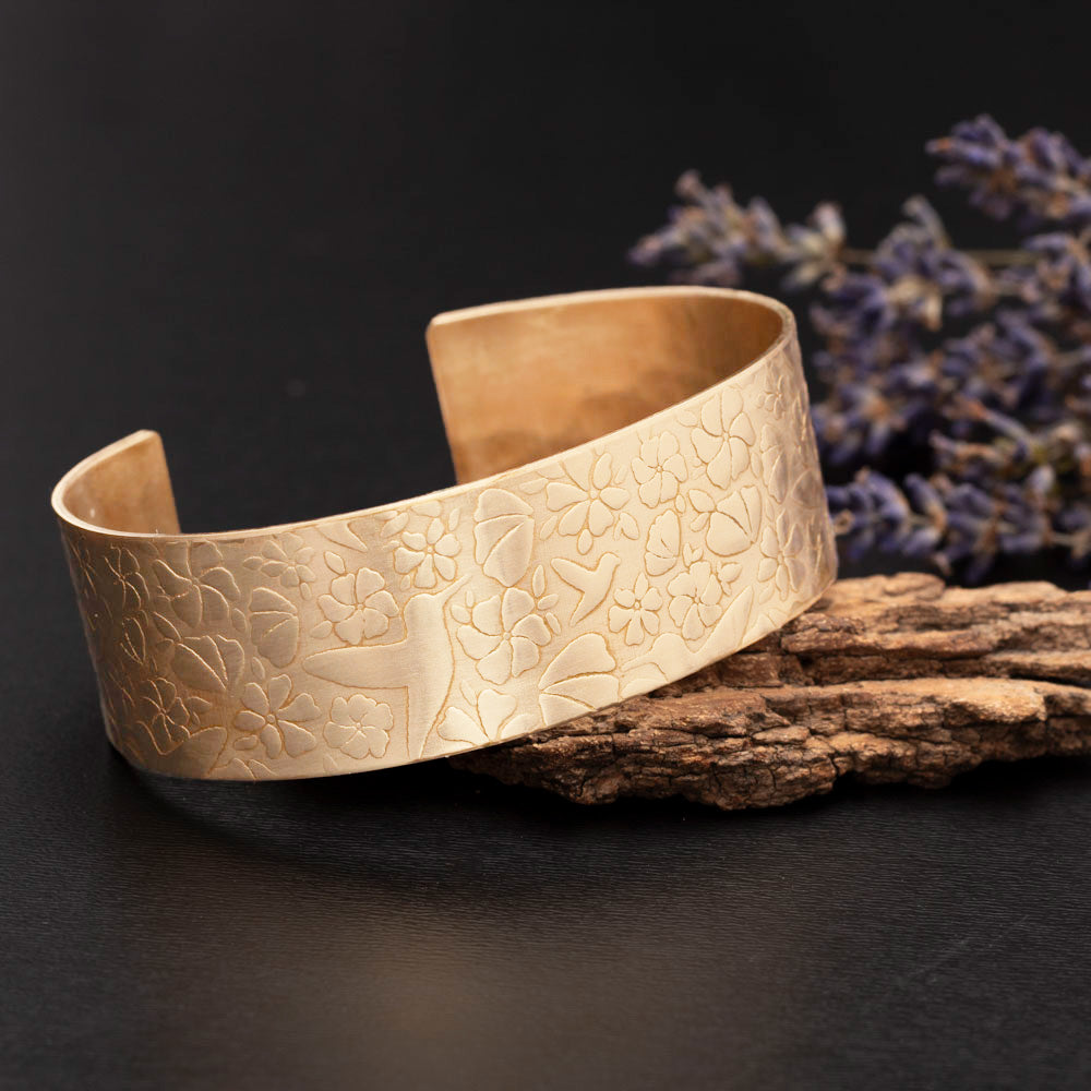 Brass Hummingbird Garden Cuff Bracelet