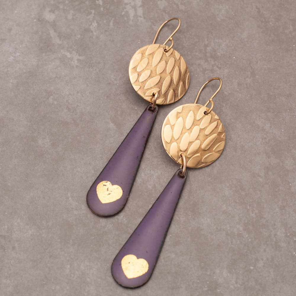 Two Piece Dangle Earrings-Deep Purple Hearts