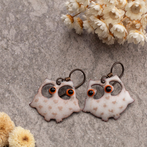 Enameled Copper Owl Earrings