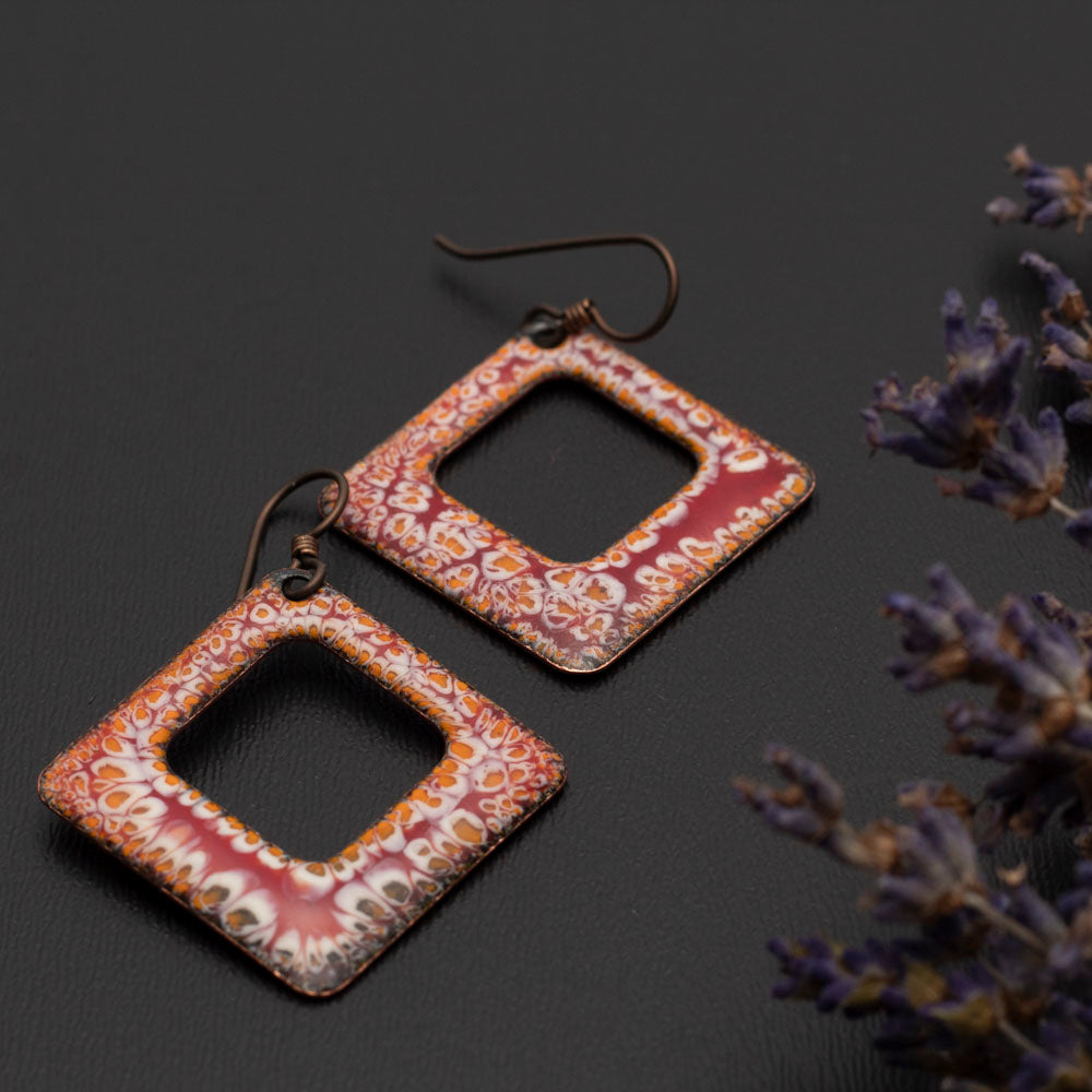 Square Orange & Red Enameled Copper Earrings