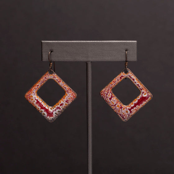 Square Orange & Red Enameled Copper Earrings