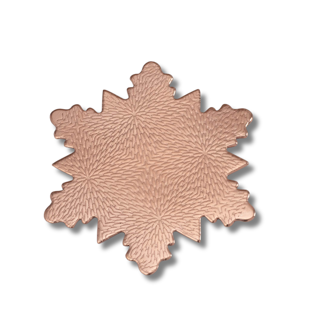 Handmade copper snowflake ornament with textured pattern, 3x3 inches (5" with hook), rustic winter holiday décor, artisan made in Vermont