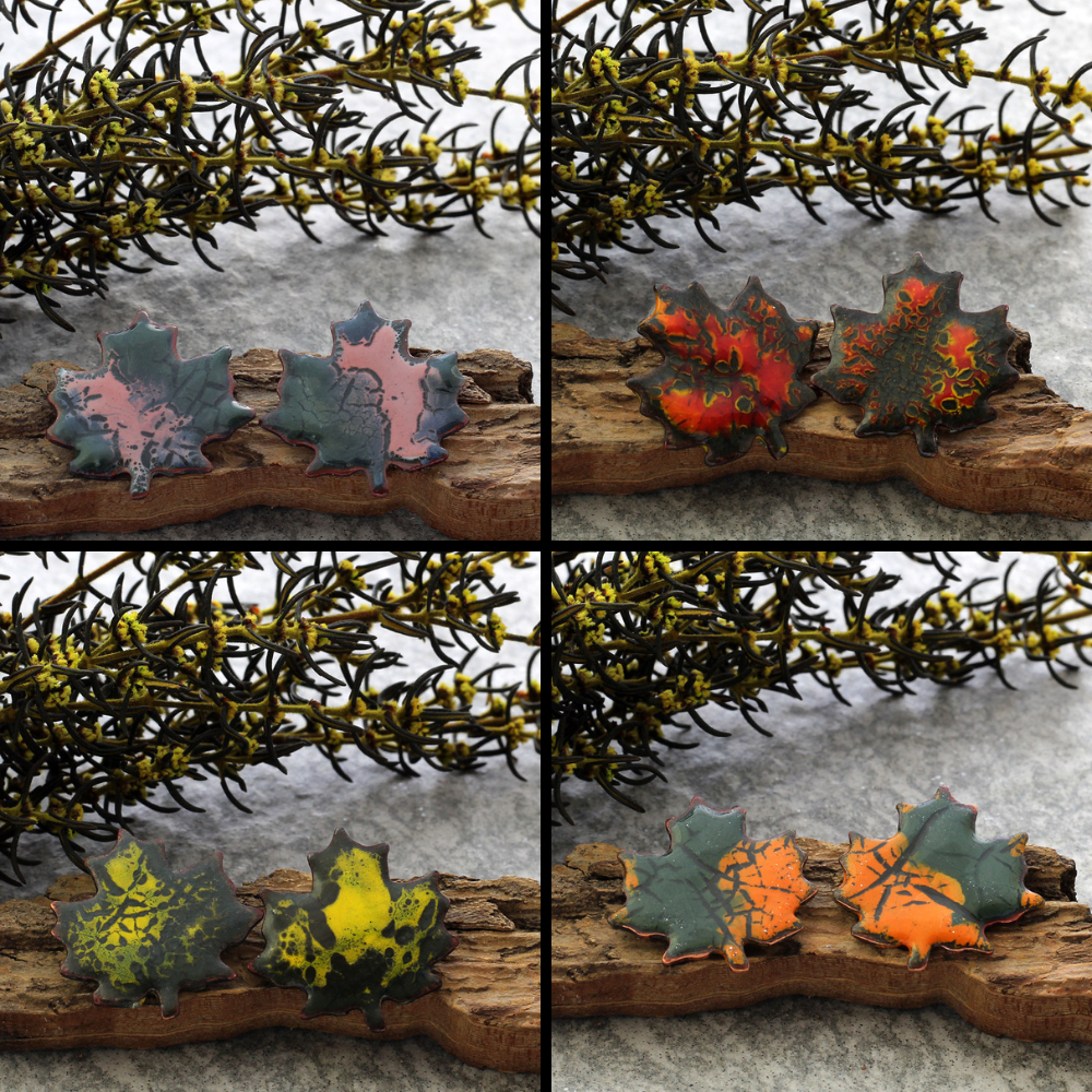 Enamel maple leaf stud earrings in assorted fall colors
