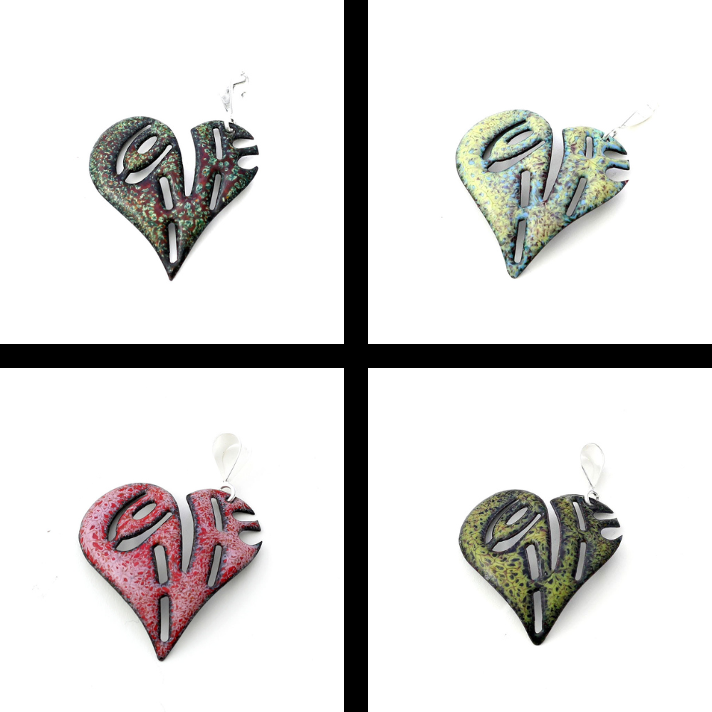 Colorful enamel heart pendant with cutout love lettering and sterling bail