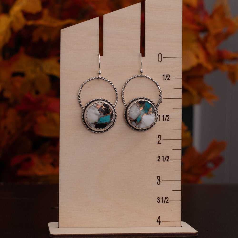 Round White Buffalo and Kingman turquoise composite earrings, fine and sterling silver, 1 3/4 inch long, handcrafted in Vermont.