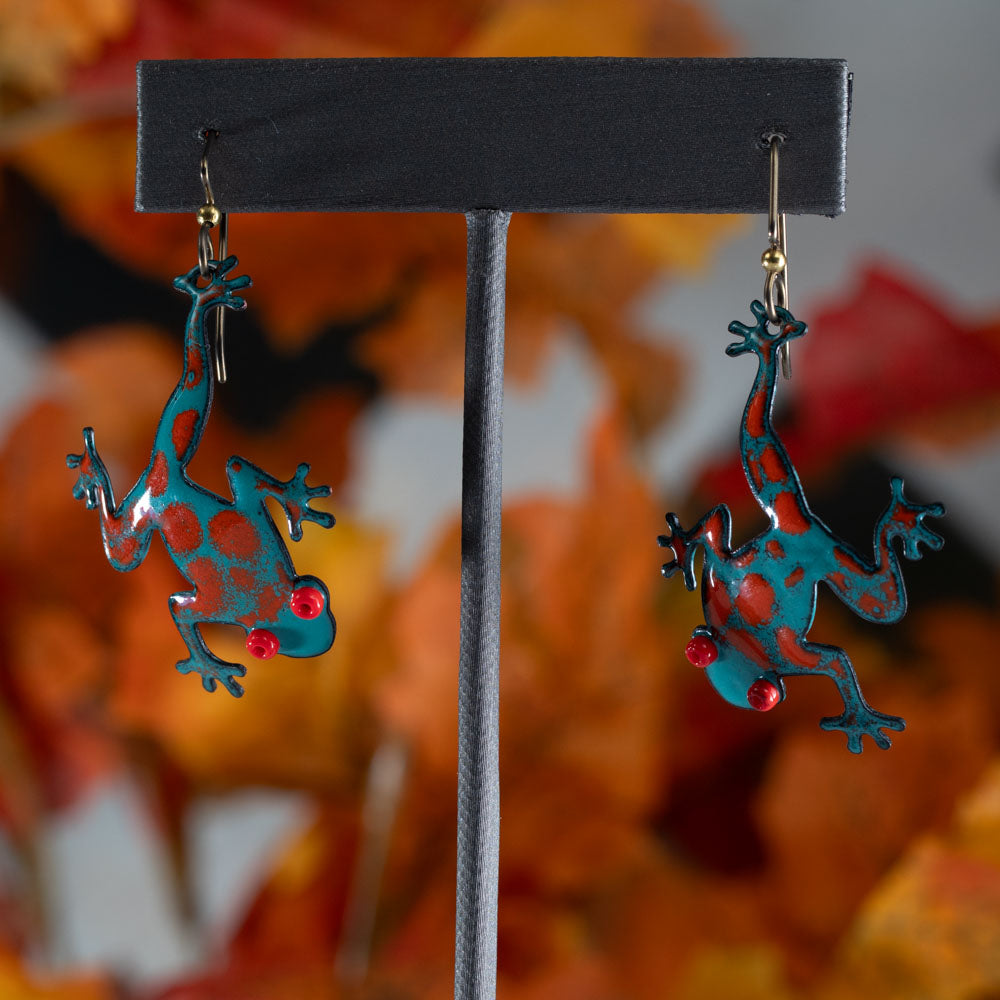 Enameled Copper Tree Frog Earrings