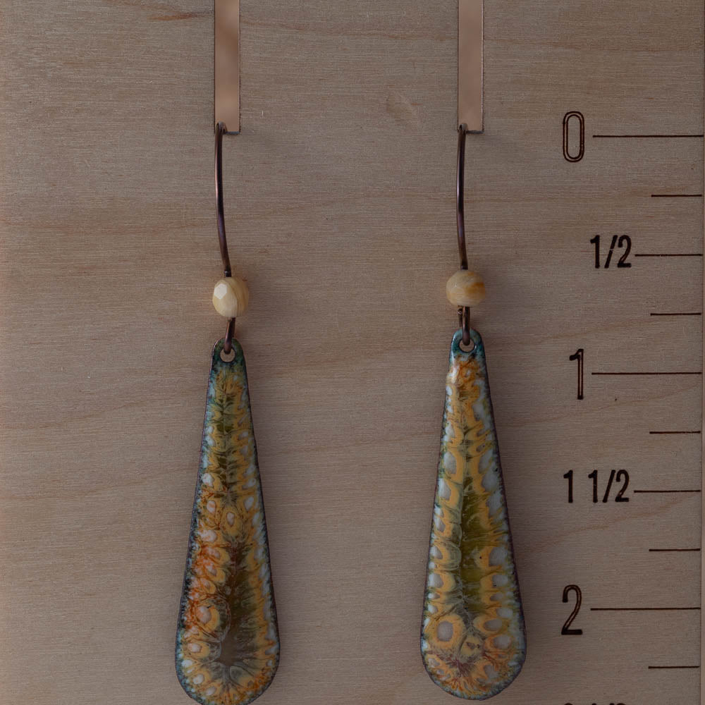 enamel teardrop earrings shown on measurement board approximately 2.75 inch drop handmade artisan jewelry