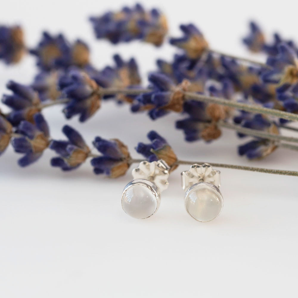 Sterling silver moonstone stud earrings with round cabochon settings, displayed on a white background with sprigs of dried lavender in the backdrop.