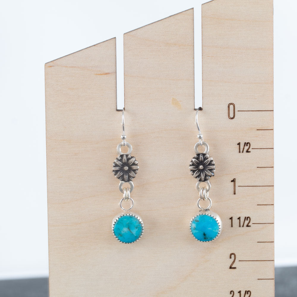 Kingman turquoise and sterling silver drop earrings with flower details, 1 3/4 inch long, handcrafted Vermont jewelry.