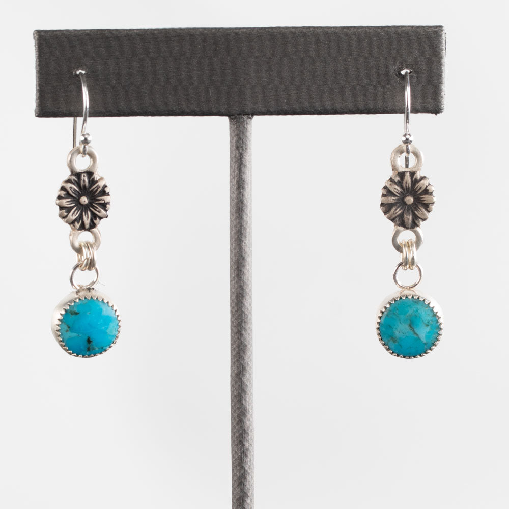 Kingman turquoise and sterling silver drop earrings with flower details, 1 3/4 inch long, handcrafted Vermont jewelry.