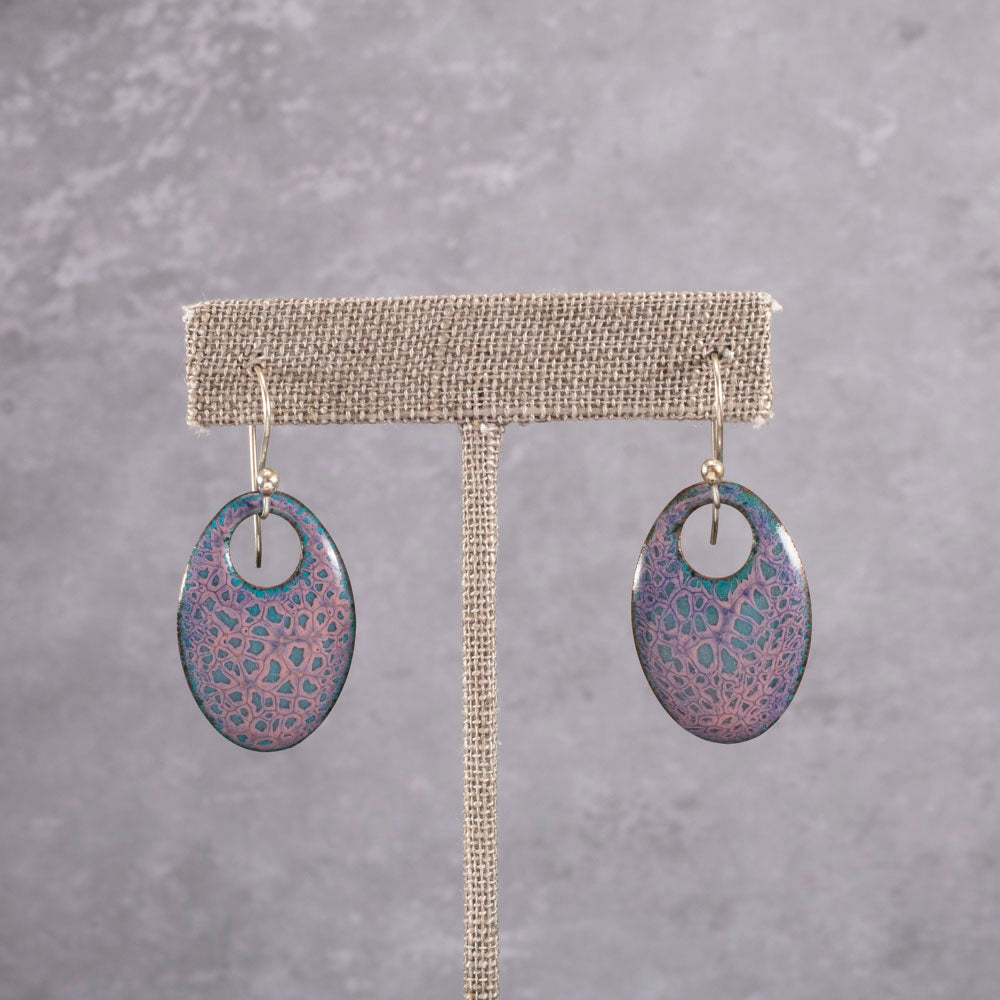 Handmade enamel teardrop dangle earrings in pink and blue, lichen-inspired jewelry on copper with sterling silver ear wires