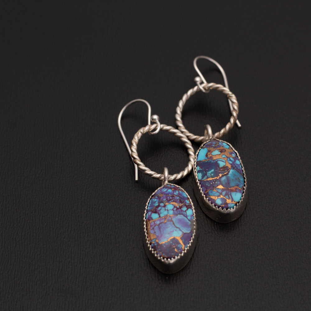 One-of-a-kind Purple Mohave turquoise and Kingman turquoise rectangular earrings with bronze matrix, handcrafted Vermont jewelry.