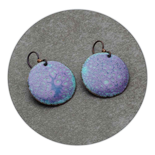 : Purple and turquoise enameled copper disc earrings with niobium ear wires.