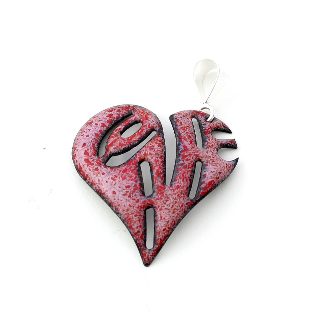 Colorful enamel heart pendant with cutout love lettering and sterling bail