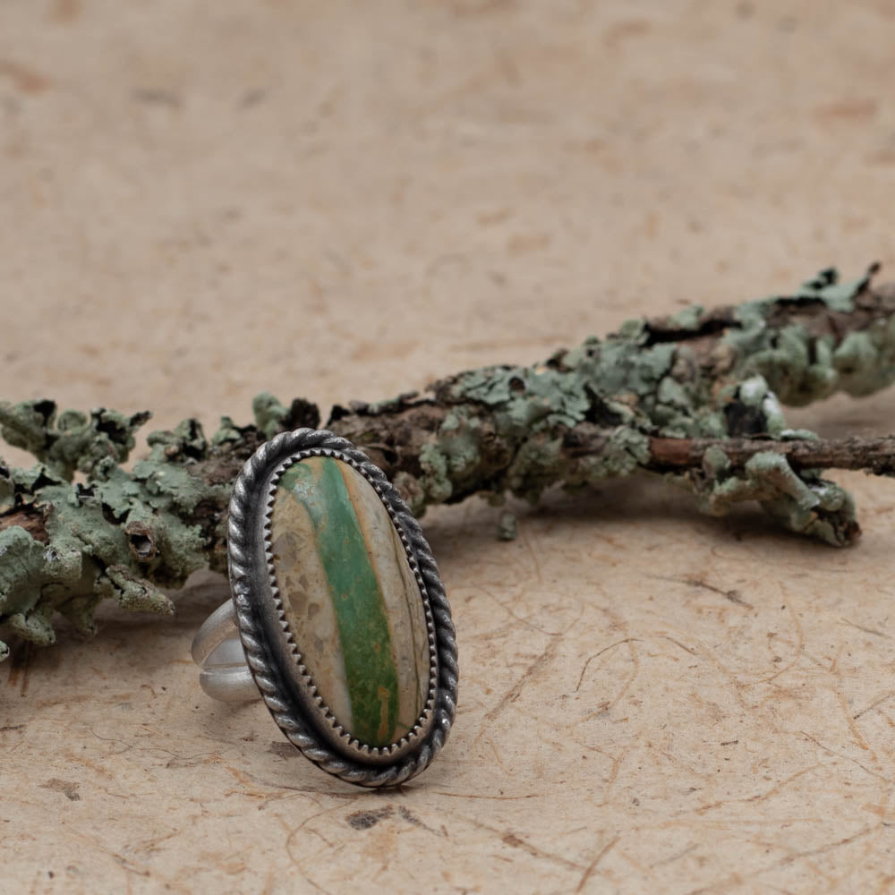 Royston Ribbon turquoise on bark with lichen covered branch in the background