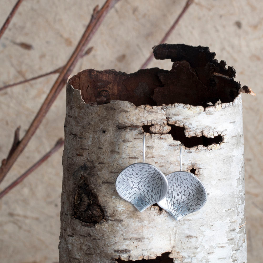 Silver earrings hanging from a birch tree trunk