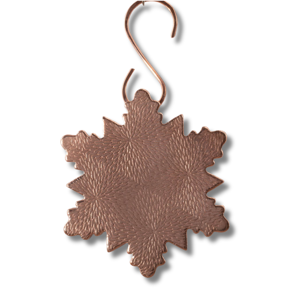Handmade copper snowflake ornament with textured pattern, 3x3 inches (5" with hook), rustic winter holiday décor, artisan made in Vermont.