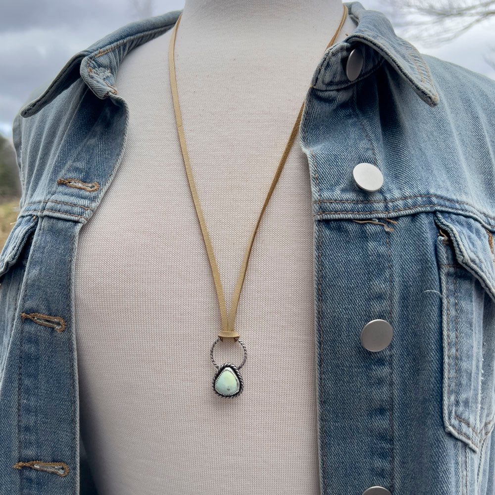 soft green variscite pendant set in sterling silver with twisted detail on adjustable leather cord, handmade jewelry Vermont