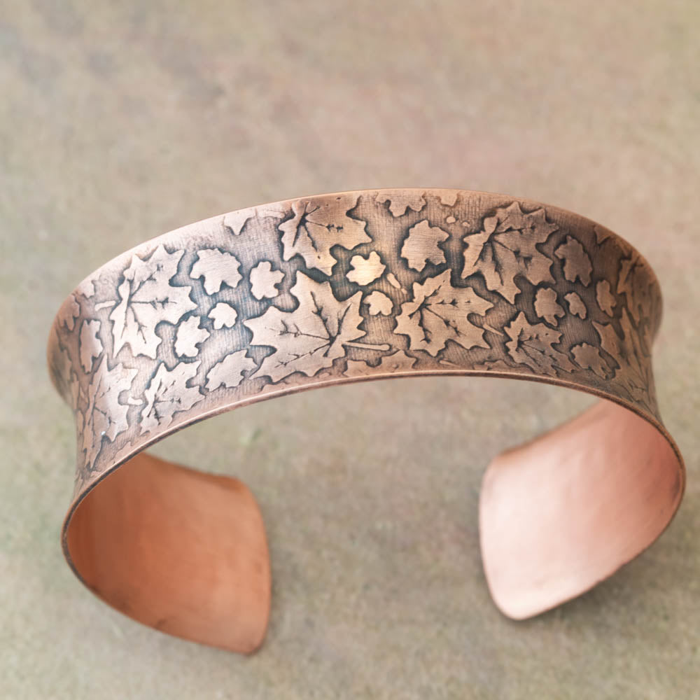 Maple leaf copper cuff bracelet shown from above to highlight texture.