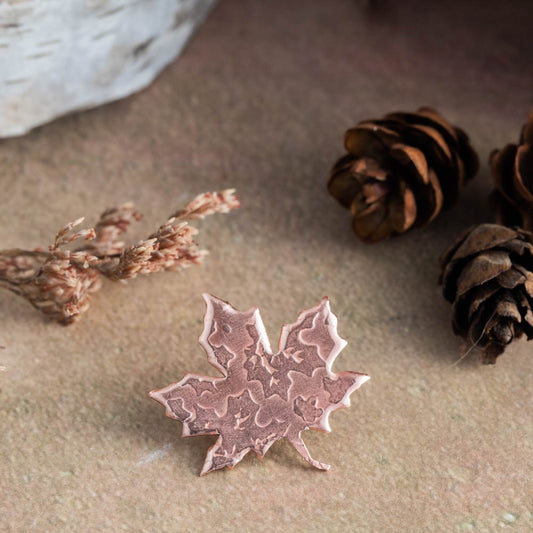 Handmade copper maple leaf lapel pin with nickel post and clutch, 7/8 inch, inspired by Vermont autumn nature