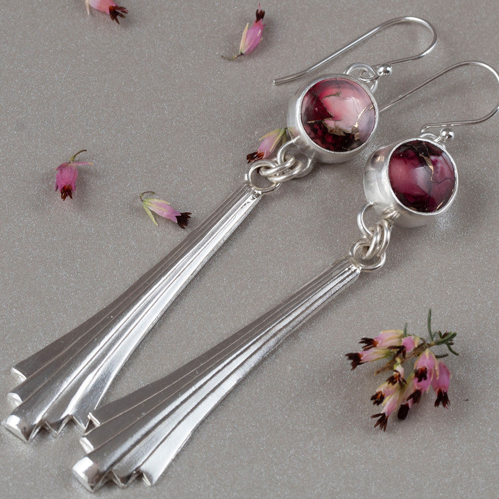 Handmade sterling silver dangle earrings with fan-shaped drops and round red and pink dahlia jasper stones, featuring floral-inspired artisan design and modern elegance.