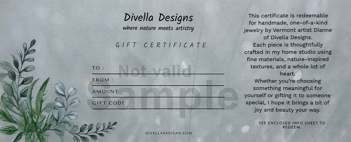 Divella Designs gift certificate with nature-themed design and text.