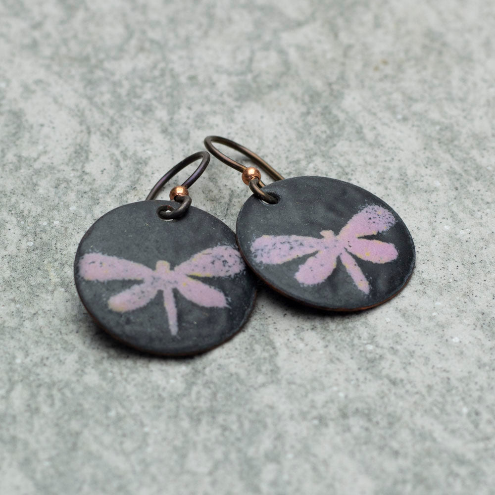 Black and pink enamel dragonfly earrings with niobium ear wires