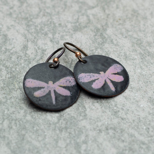 Black and pink enamel dragonfly earrings with niobium ear wires
