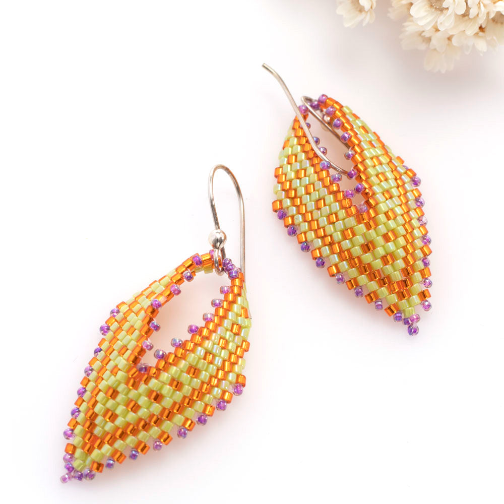 orange and green beaded leaf earrings
