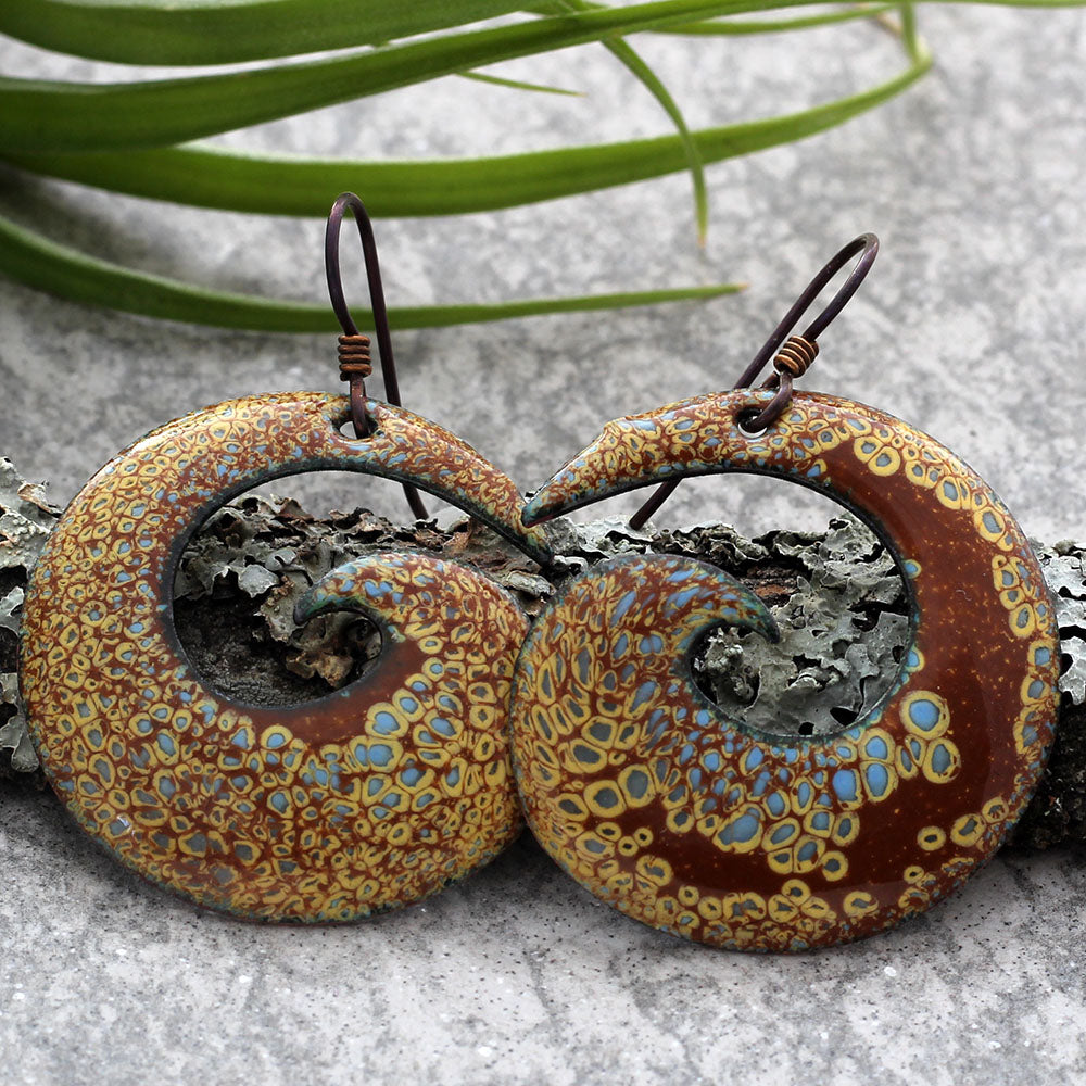 yellow, brown & blue spiral enamel earrings