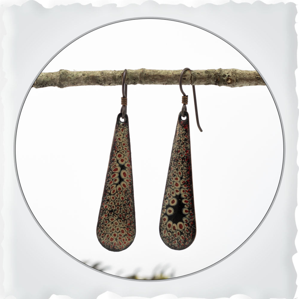 Brown, Black & Red Long Teardrop Enamel Earrings