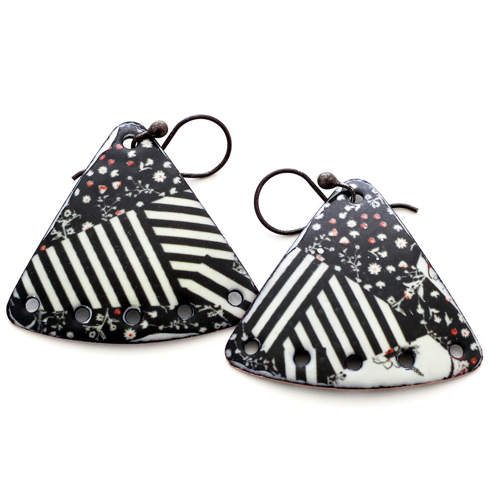 Black & Cream Floral Triangle Earrings