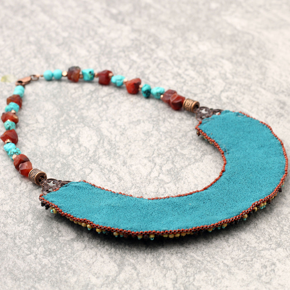 Turquoise & Carnelian Bib Necklace: Hand embroidered with genuine turquoise and carnelian stones.