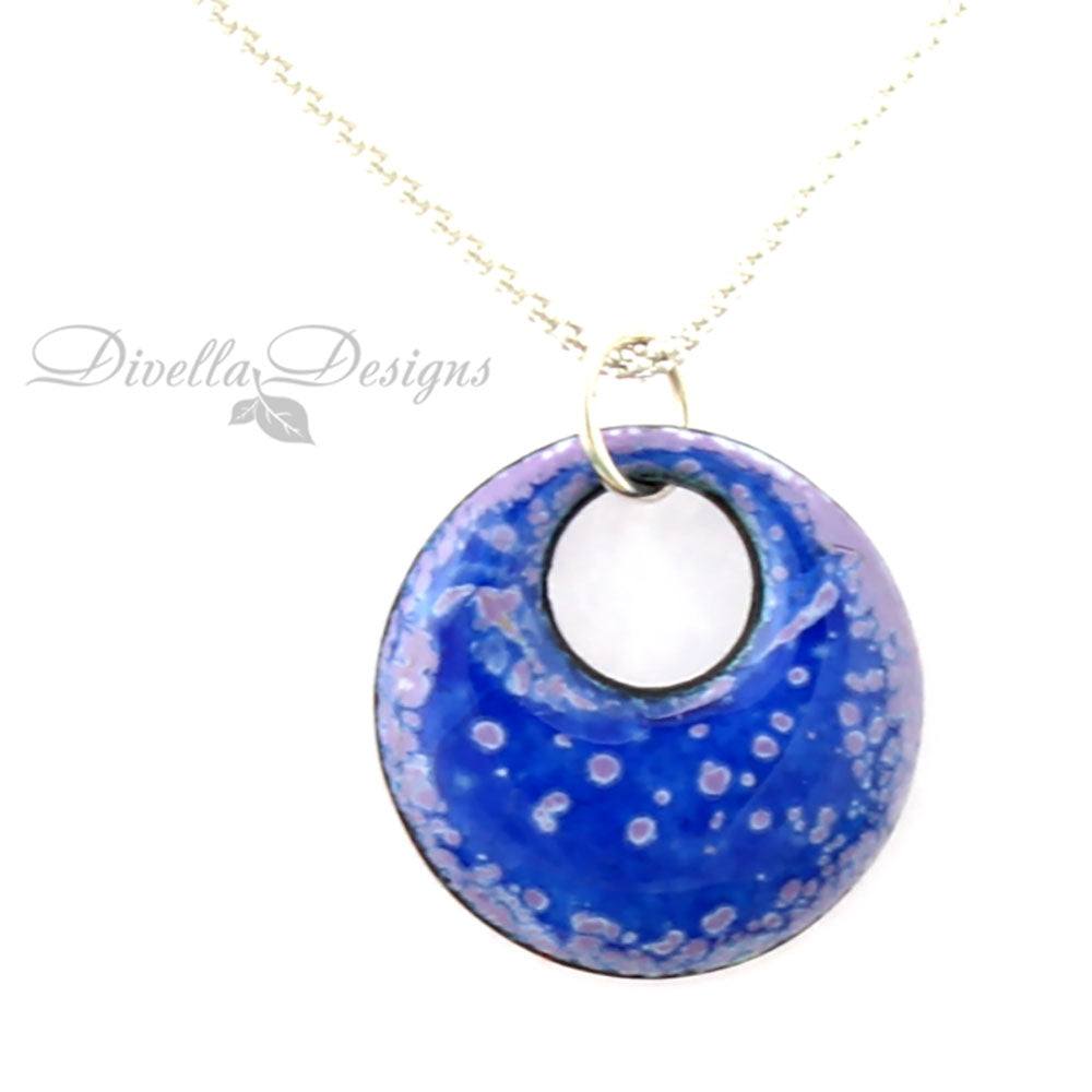 Deep blue enamel pendant with sterling bail and chain, featuring soft circular texture