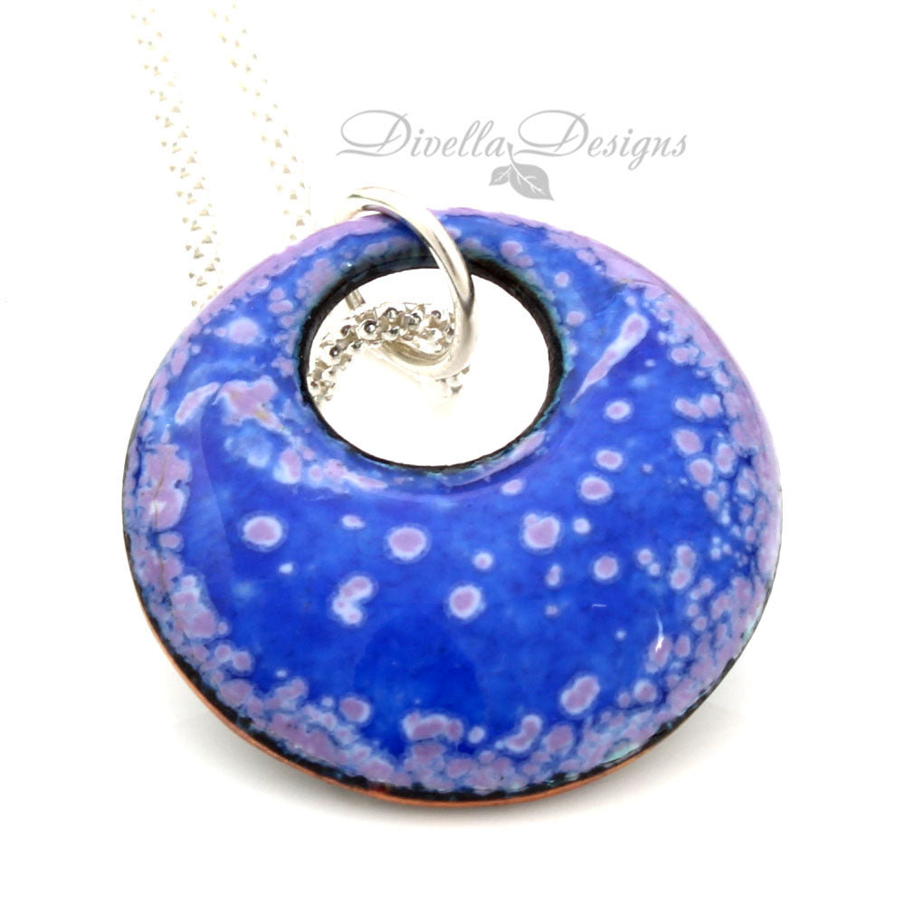 Deep blue enamel pendant with sterling bail and chain, featuring soft circular texture