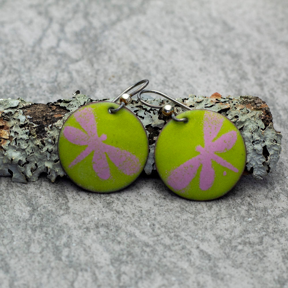 Green and pink enamel dragonfly earrings with niobium ear wires
