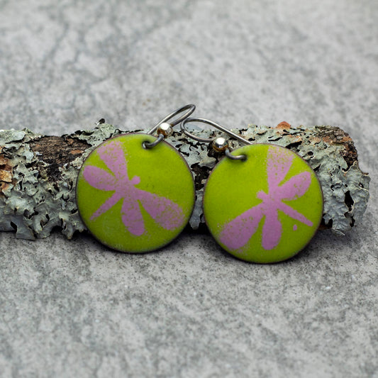 Green and pink enamel dragonfly earrings with niobium ear wires