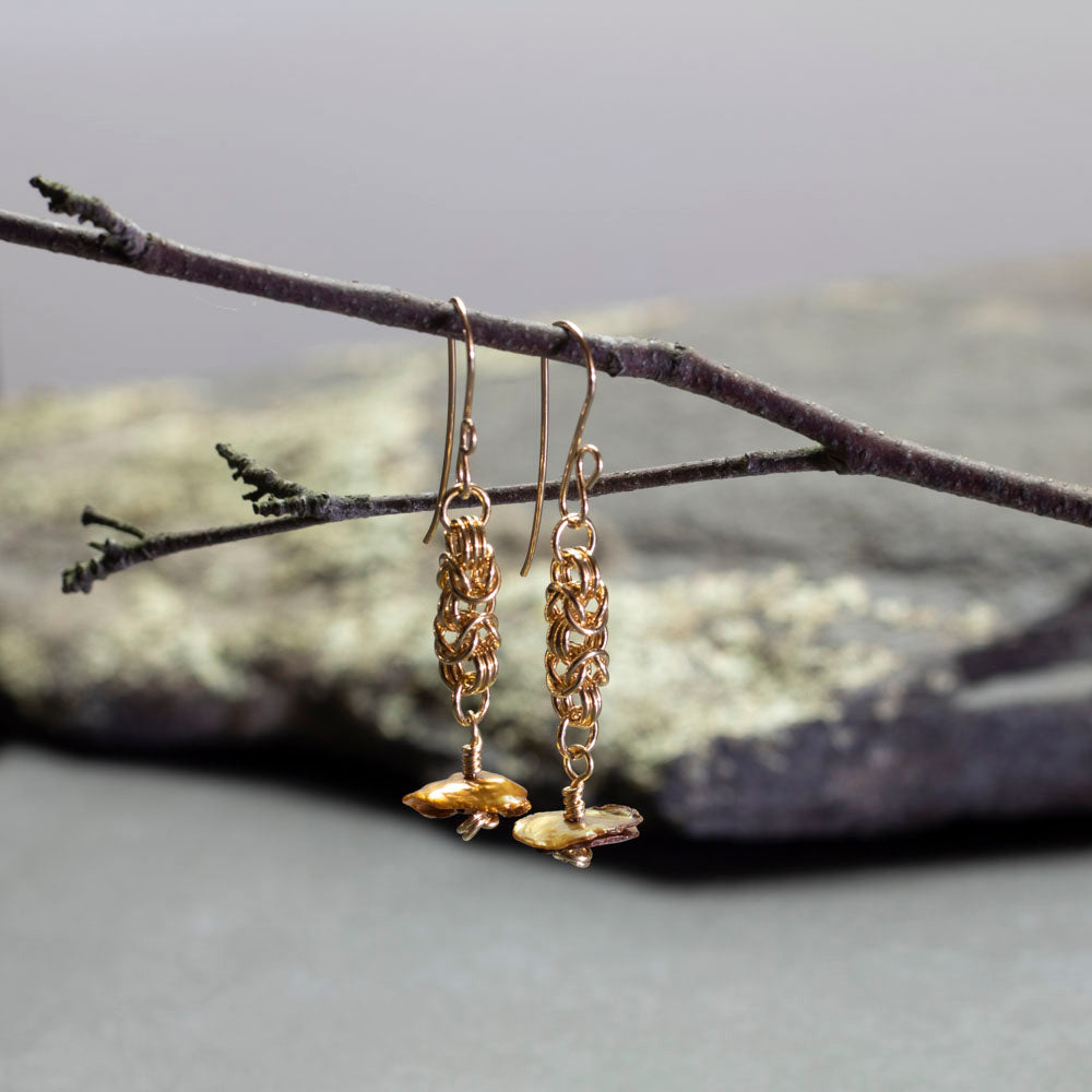 Brass chainmail earrings with gold keshi pearls and gold filled ear wires