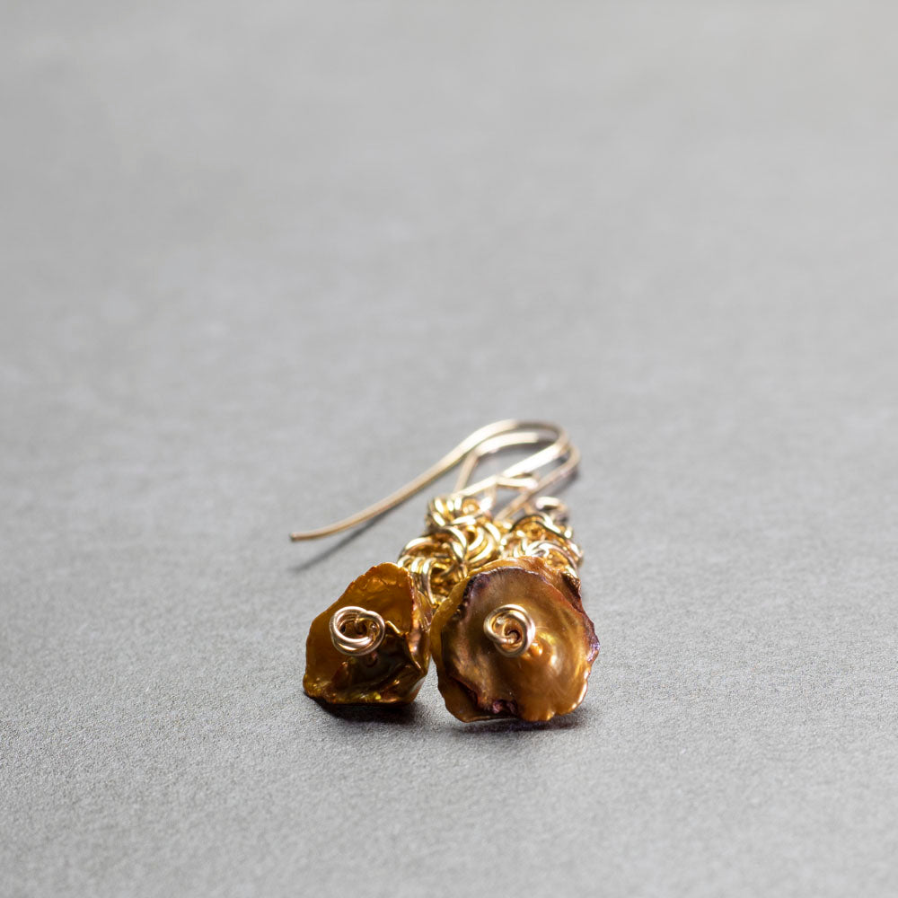 Brass chainmail earrings with gold keshi pearls and gold filled ear wires