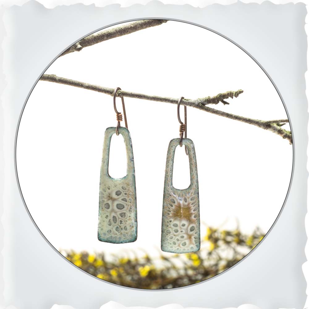 Rectangular enameled copper earrings with cutout detail and niobium ear wires