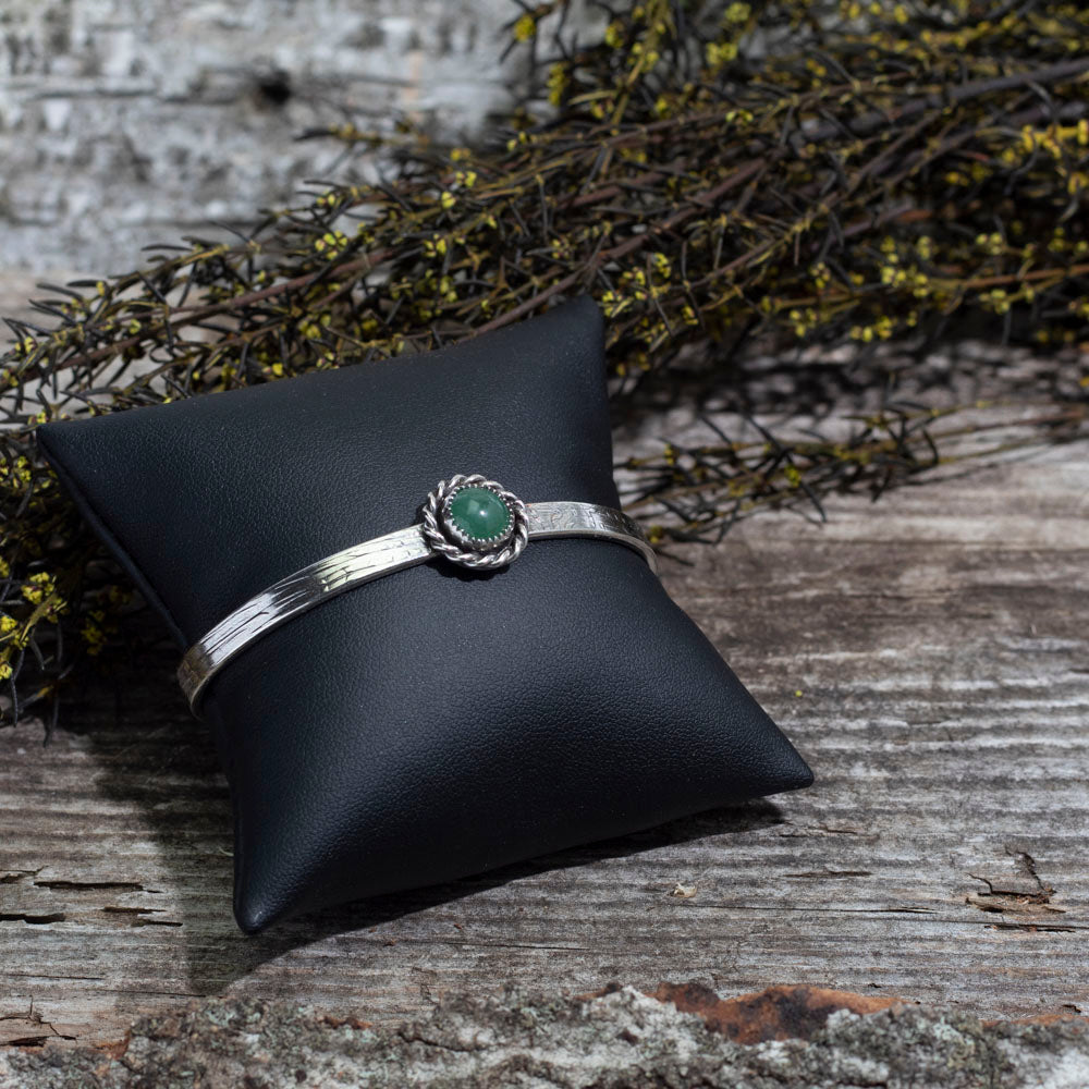 Sterling silver cuff with green aventurine stone, handmade bracelet, adjustable fit, Vermont artisan jewelry