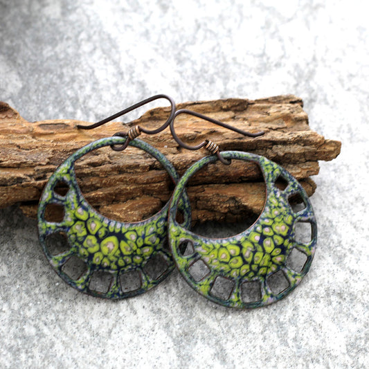 Colorful enamel hoop earrings with openwork design and niobium ear wires
