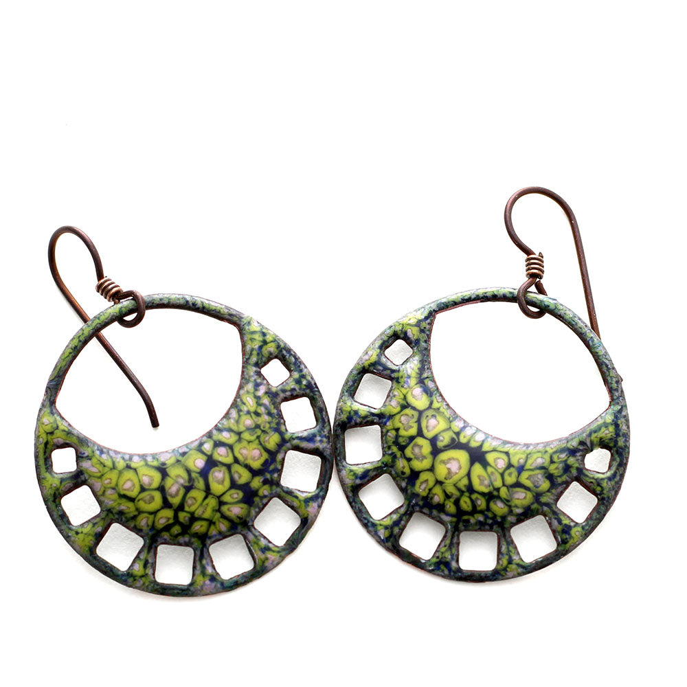 Colorful enamel hoop earrings with openwork design and niobium ear wires