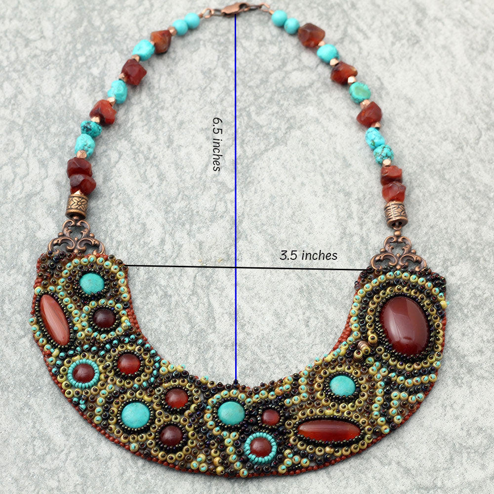 Turquoise & Carnelian Bib Necklace: Hand embroidered with genuine turquoise and carnelian stones.