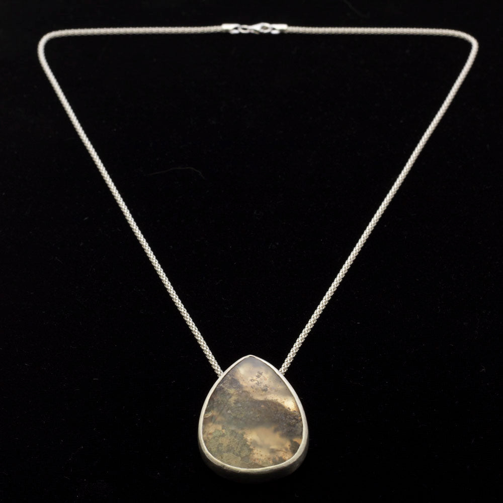 Teardrop dendritic moss agate pendant with sterling silver setting and chain