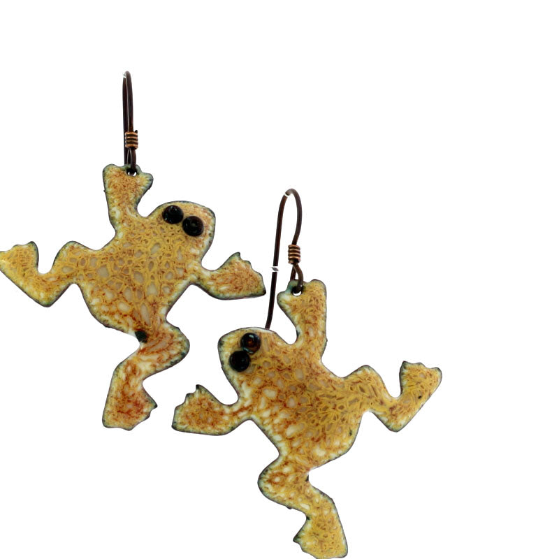 Yellow-orange enamel frog earrings with niobium ear wires