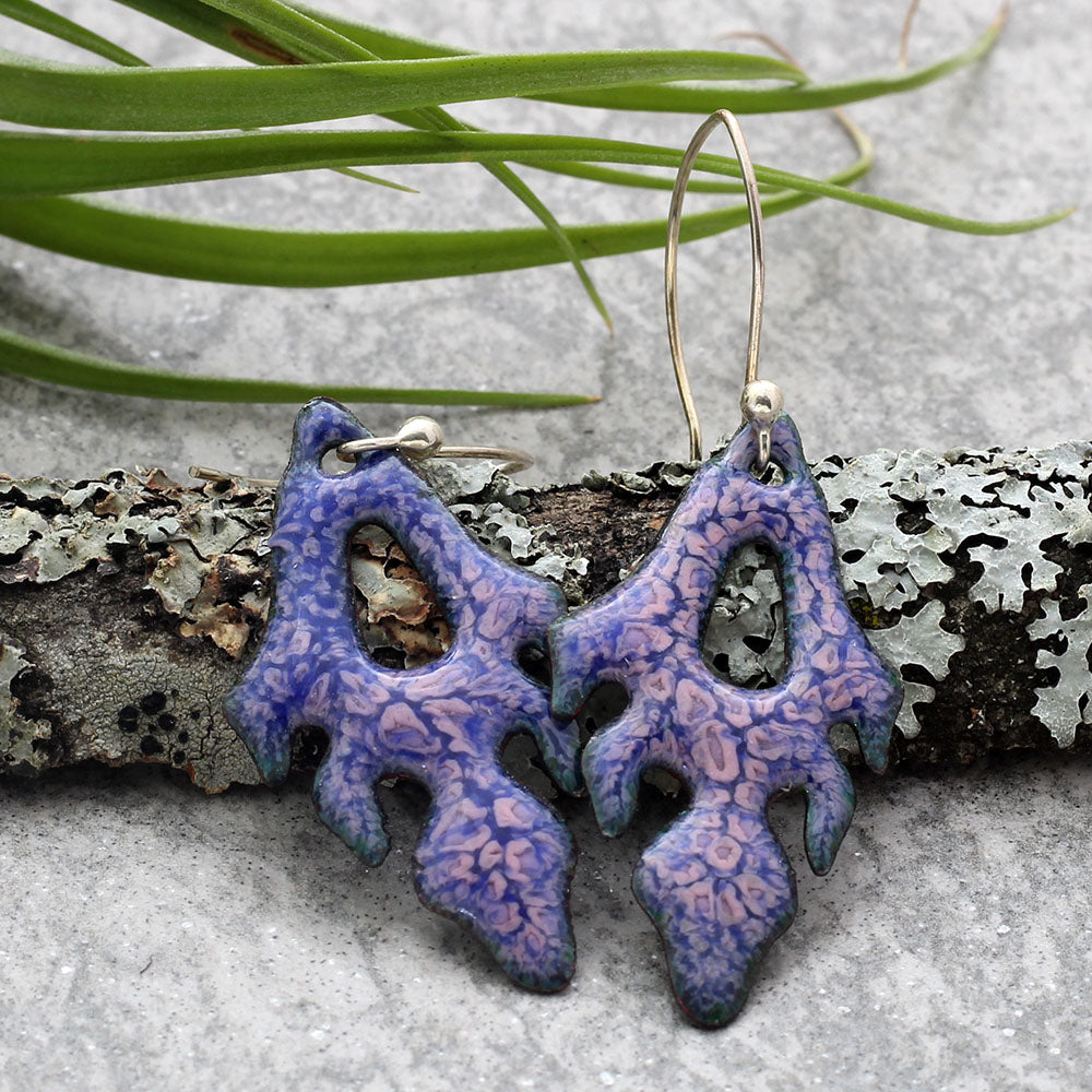 Purple and pink enamel earrings with organic cutouts on sterling silver ear wires
