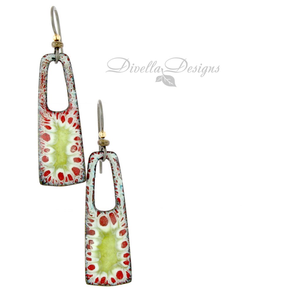 Enamel earrings with red, green, and white organic burst pattern and niobium ear wires